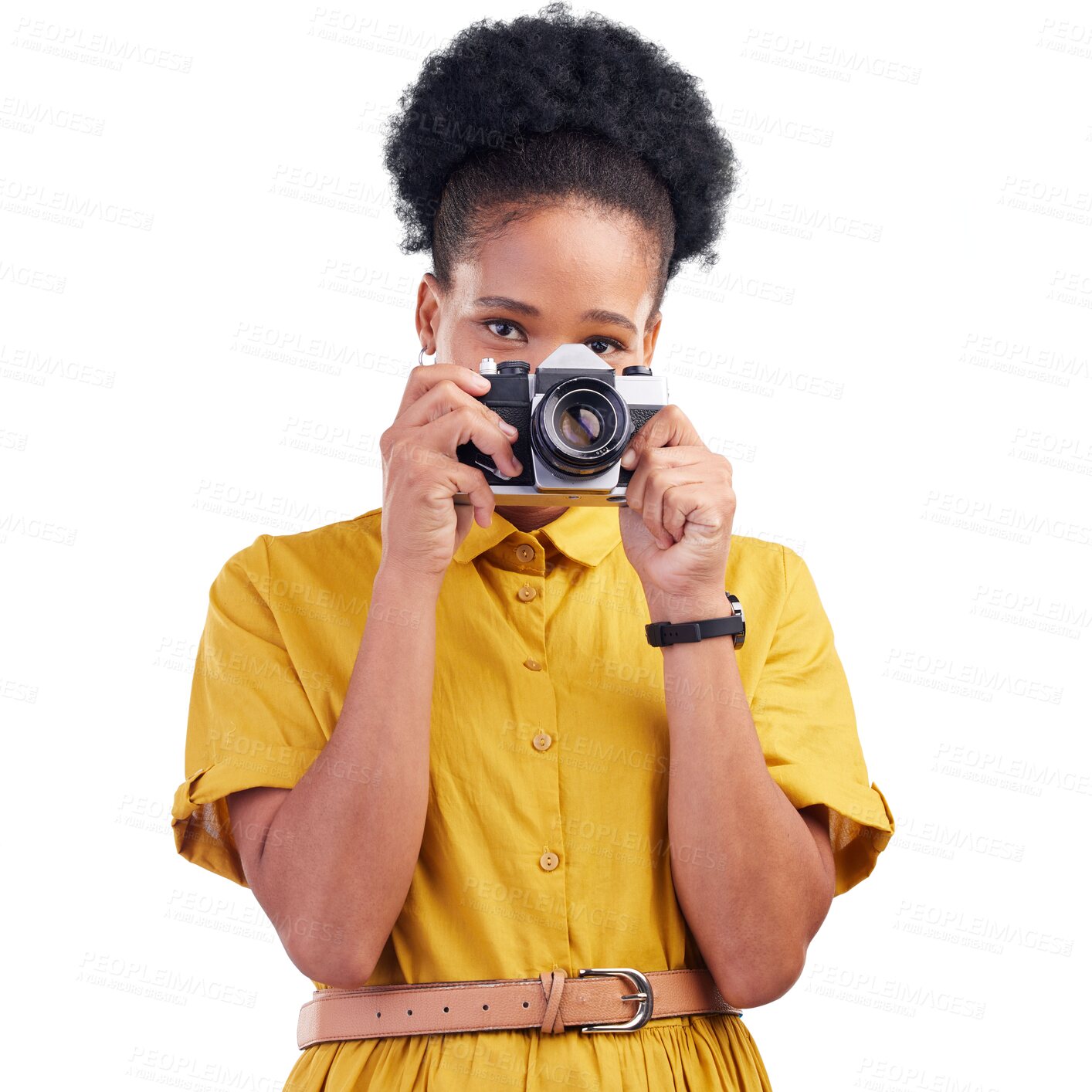 Buy stock photo Photography, portrait and black woman with retro camera isolated on a transparent png background. Artist, face of African photographer and vintage technology lens in creative photoshoot for paparazzi