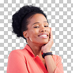 Happy, smile and business with portrait of black woman in studio for professional, creative and pride. Entrepreneur, career and happiness with female employee on blue background for confidence 