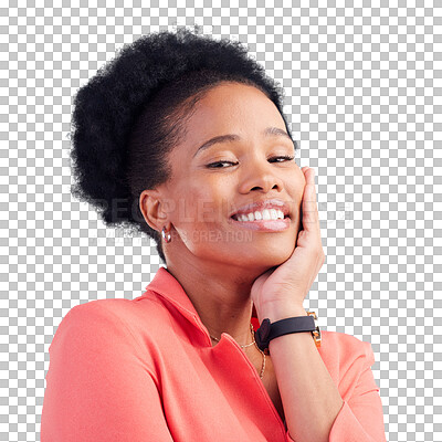 Buy stock photo Happy, black woman and portrait of entrepreneur with hand on face on isolated, transparent or png background. Professional, person and pride in career with happiness or confidence in Kenya startup