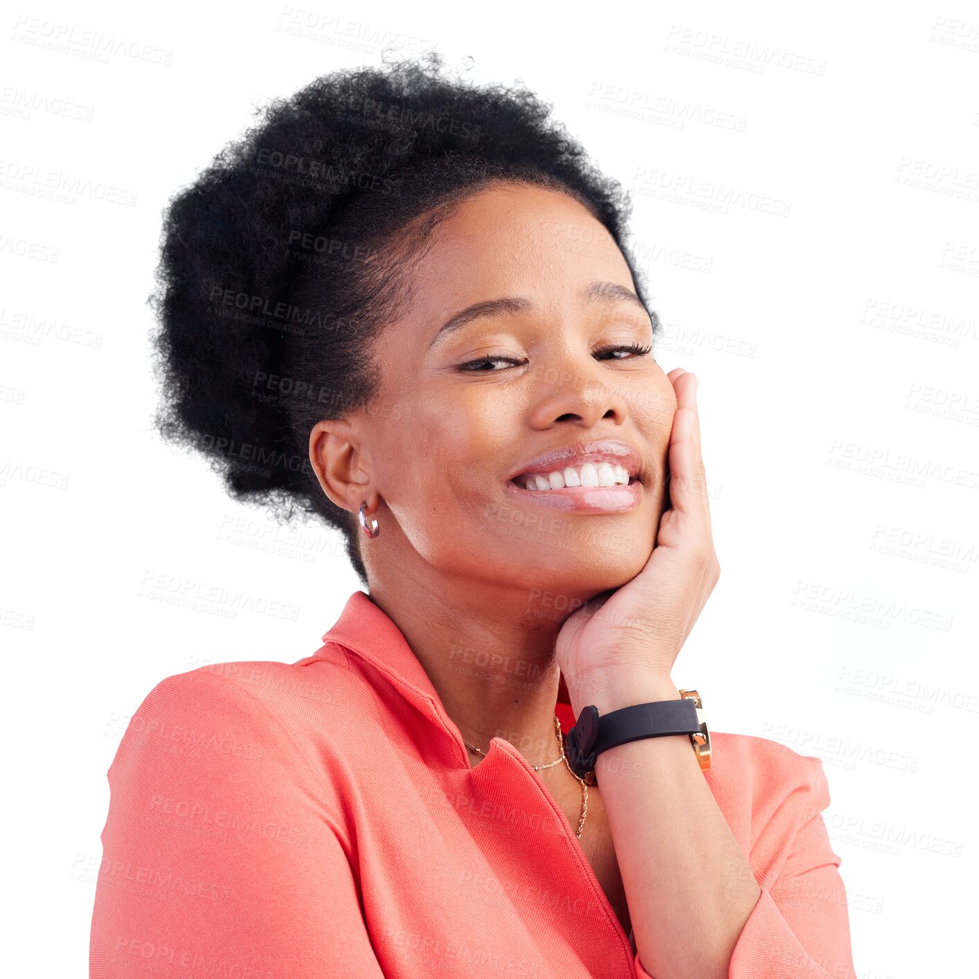 Buy stock photo Happy, black woman and portrait of entrepreneur with hand on face on isolated, transparent or png background. Professional, person and pride in career with happiness or confidence in Kenya startup
