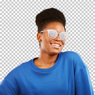 Buy stock photo Black woman, smile and glasses with happiness for vision, eye care and fashion on isolated, transparent or png background. Thinking, face and African person with ideas, eyewear and inspiration