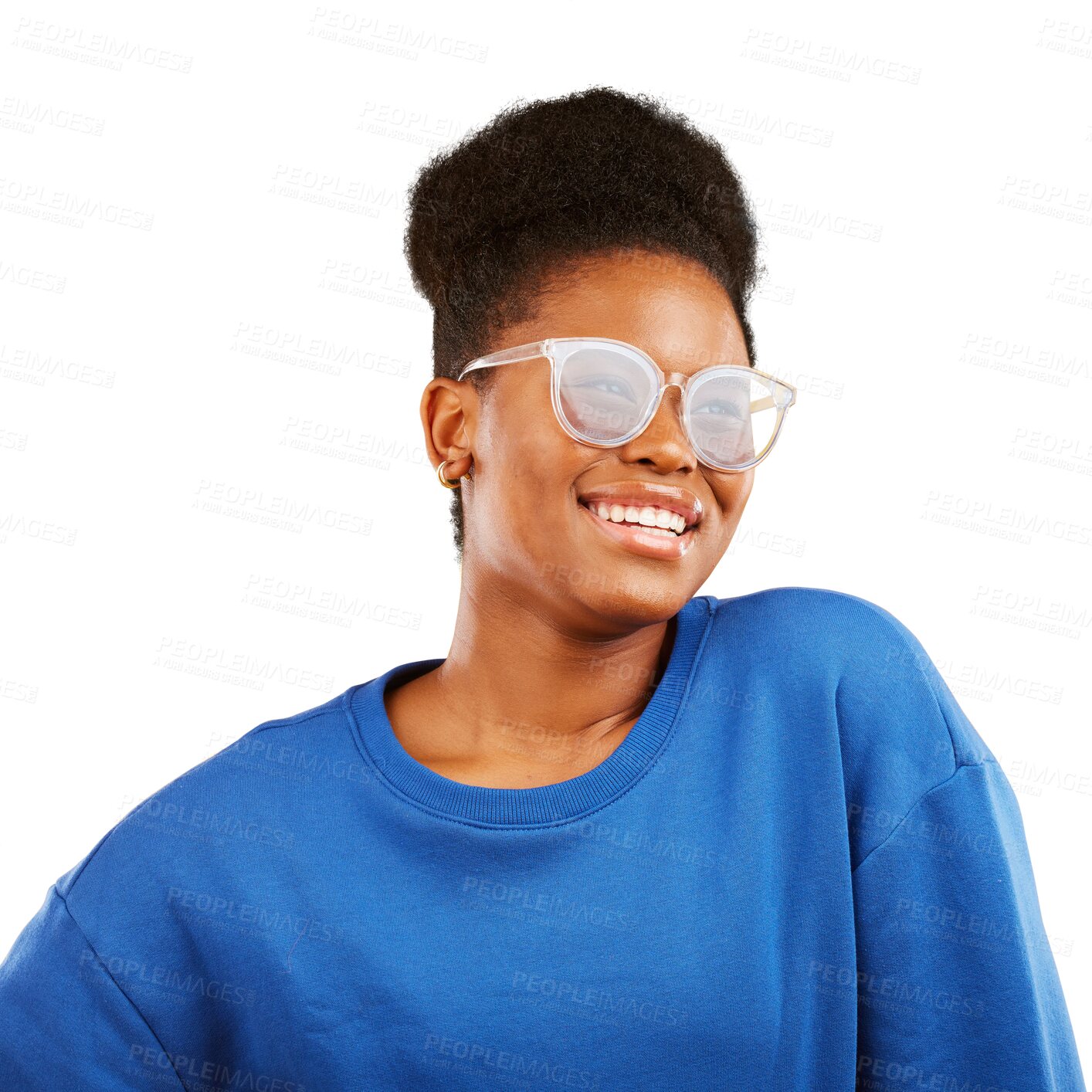 Buy stock photo Black woman, smile and glasses with happiness for vision, eye care and fashion on isolated, transparent or png background. Thinking, face and African person with ideas, eyewear and inspiration