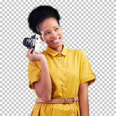 Buy stock photo Isolated photographer woman, camera and thinking with smile, idea or vision by transparent png background. African journalist girl, vintage tech and creative with art direction, media or press job