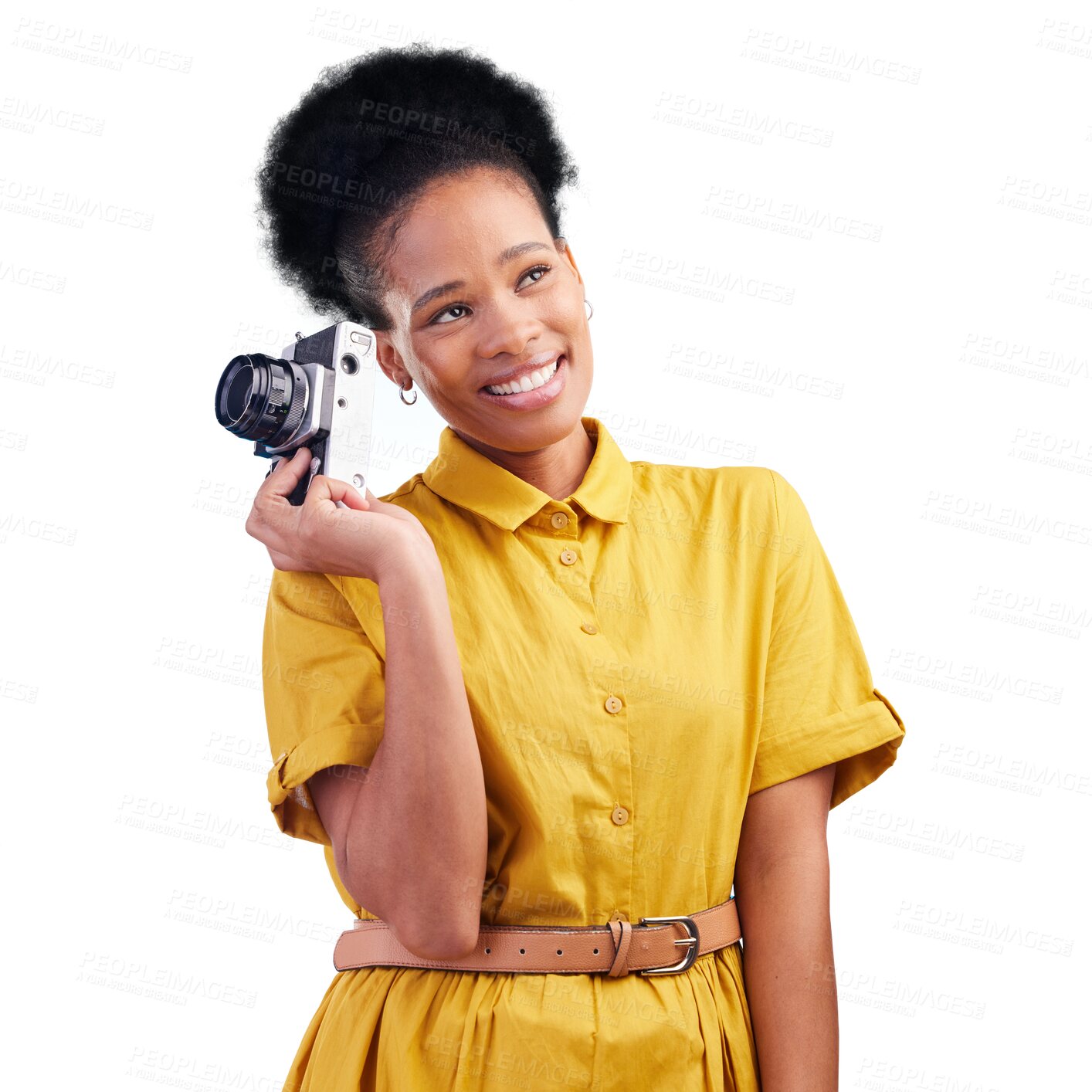 Buy stock photo Isolated photographer woman, camera and thinking with smile, idea or vision by transparent png background. African journalist girl, vintage tech and creative with art direction, media or press job