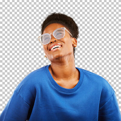 Buy stock photo Black woman, smile and glasses with happiness for vision, eye care and fashion on isolated, transparent or png background. African, face and person with eyewear, frames and optometrist spectacles