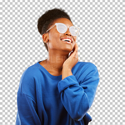 Buy stock photo Woman, happy and glasses for vision, fashion or confidence while posing in joy. Black person, smile and laugh on isolated or a transparent png background with face for eye care, health and wellness