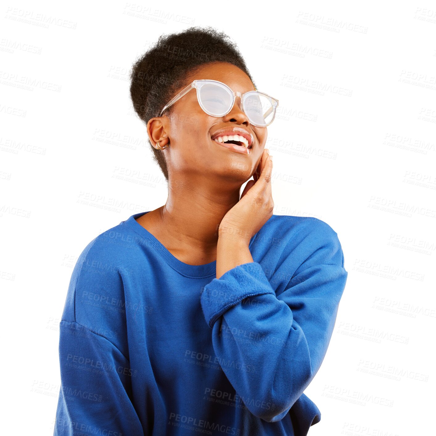 Buy stock photo Woman, happy and glasses for vision, fashion or confidence while posing in joy. Black person, smile and laugh on isolated or a transparent png background with face for eye care, health and wellness