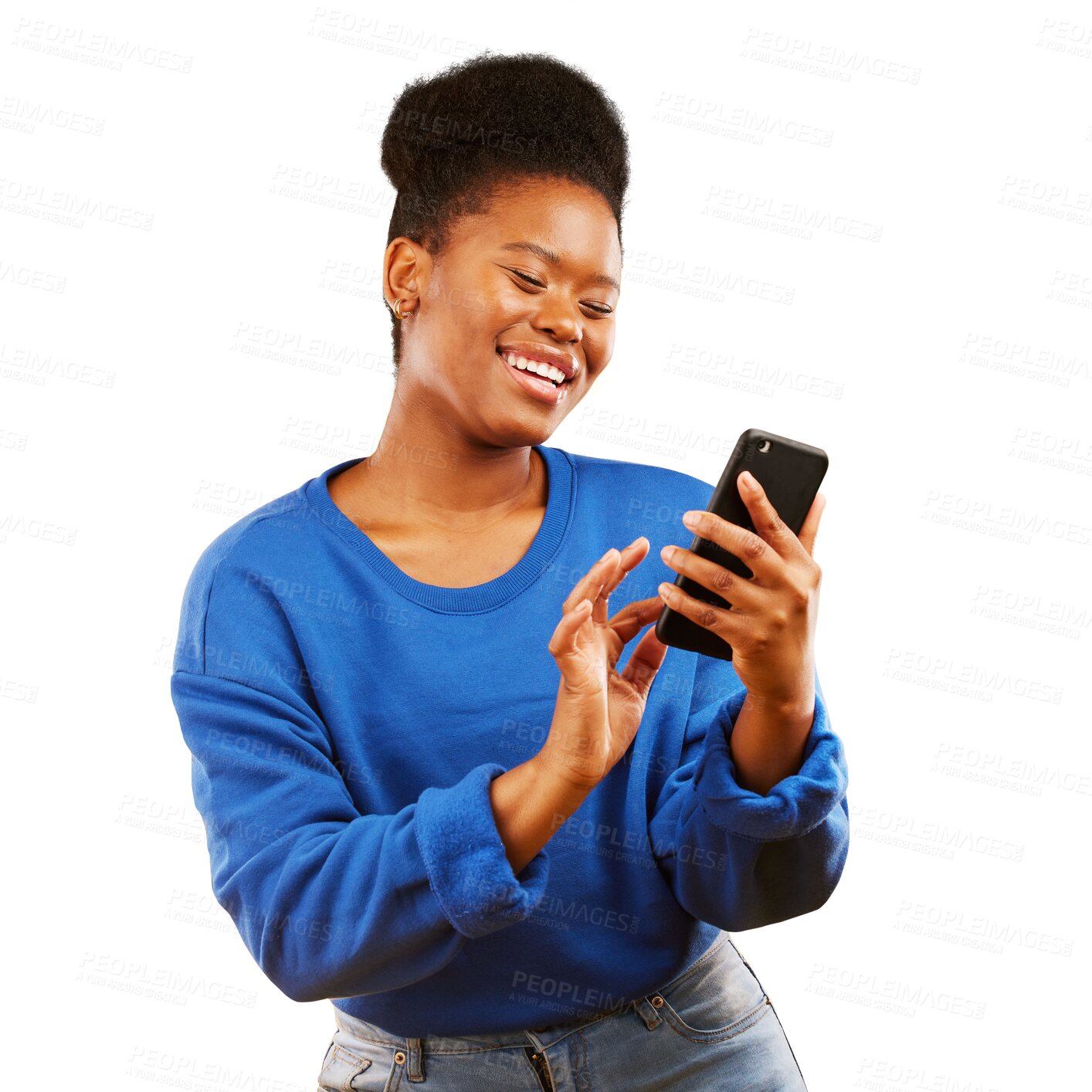 Buy stock photo Phone, smile and young black woman networking on social media, mobile app or the internet. Happy, technology and African female model scroll on cellphone isolated by transparent png background.