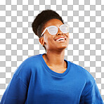 Happy, smile and glasses with face of black woman in studio for vision, eye care and trendy style. Gen z, fashion and happiness with female person on yellow background for expert, health and idea