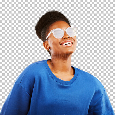 Buy stock photo Happy, black woman and smile with glasses, vision, eye care and fashion on isolated, transparent or png background. African, face and person with eyewear, lenses and reflection on sunglasses 