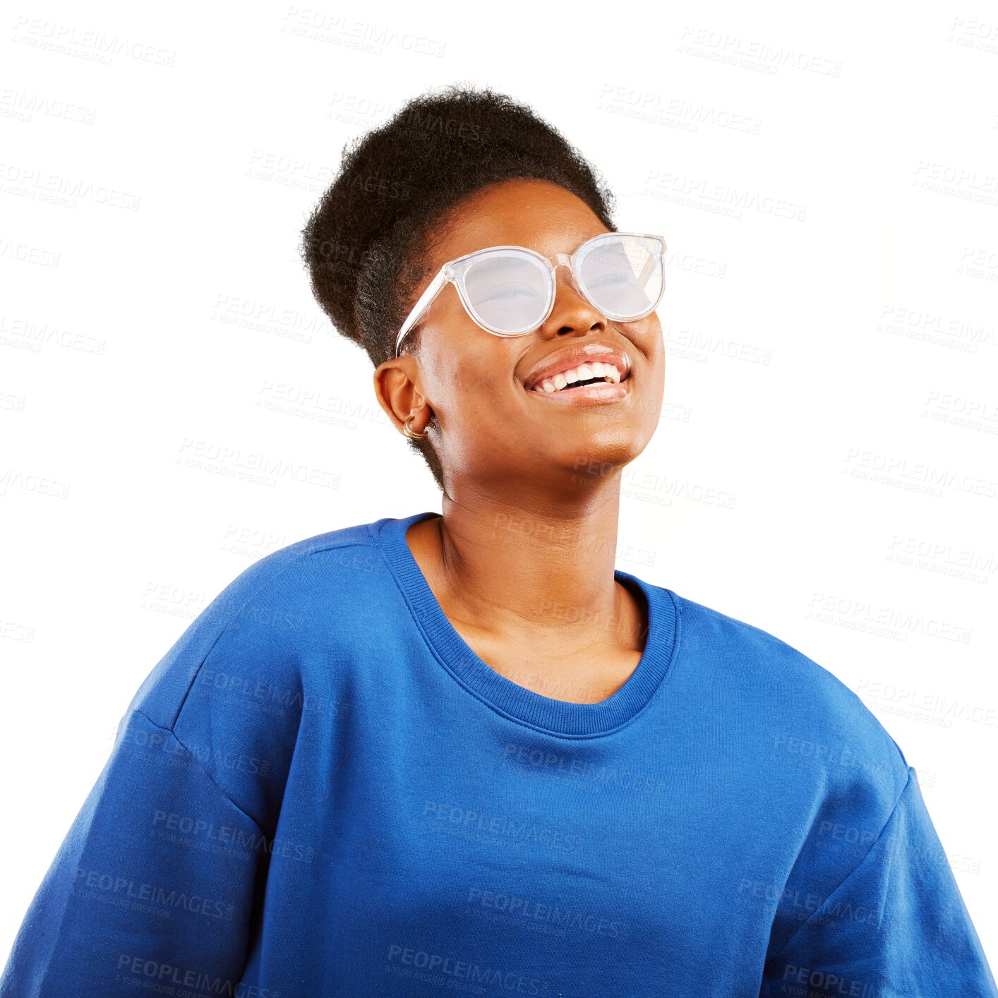 Buy stock photo Happy, black woman and smile with glasses, vision, eye care and fashion on isolated, transparent or png background. African, face and person with eyewear, lenses and reflection on sunglasses 