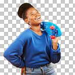 Skater, thinking or happy black woman with skateboard laughing isolated on yellow background in studio. Trendy African student, gen z or skateboarder with freedom, fun ideas or funny joke to relax 