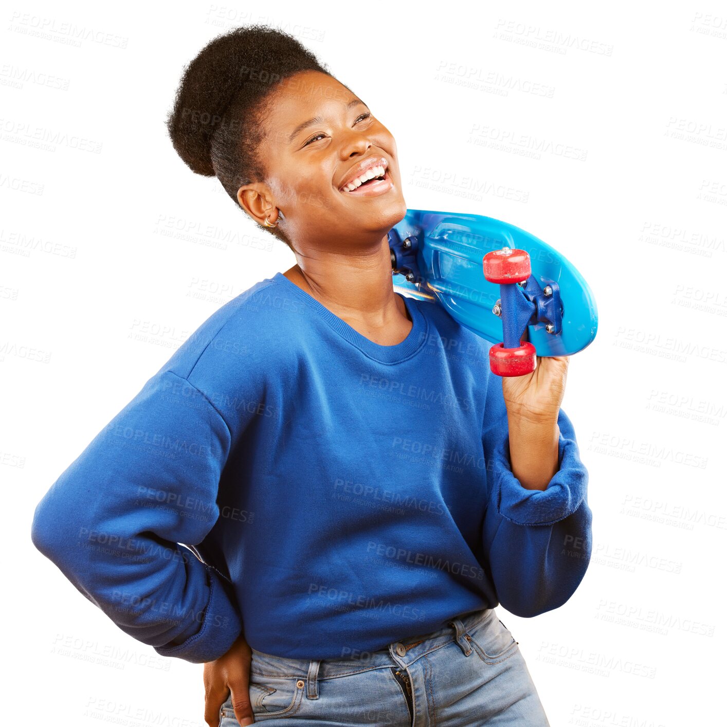 Buy stock photo Happy black woman, skateboard and laughing for funny joke isolated on a transparent PNG background. African female person, gen z or skater smile in fashion for fun idea, freedom or hobby in happiness