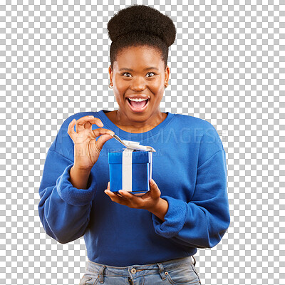 Gift, present and portrait of black woman with a surprise happy isolated in a yellow studio background for a birthday. Shocked, box and excited person to celebrate, party and holiday as a winner