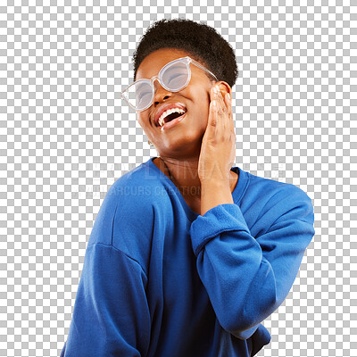 Buy stock photo Black woman, happiness and smile with glasses for vision, eye care and fashion on isolated, transparent or png background. African, face and person with eyewear, frames and reflection on sunglasses