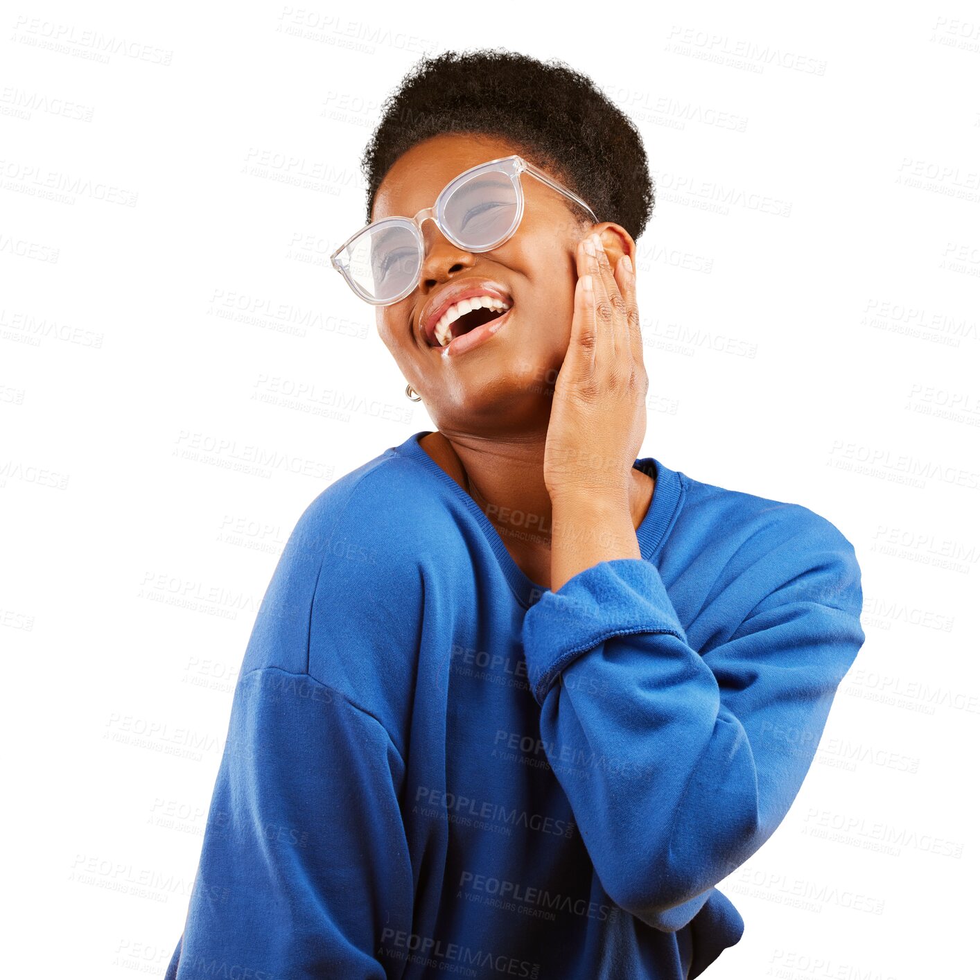 Buy stock photo Black woman, happiness and smile with glasses for vision, eye care and fashion on isolated, transparent or png background. African, face and person with eyewear, frames and reflection on sunglasses