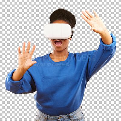 Buy stock photo Woman, virtual reality glasses and hands with wow for metaverse by transparent png background. Isolated gen z girl, African student and ar vision for 3d user experience, futuristic gaming or cyber ui