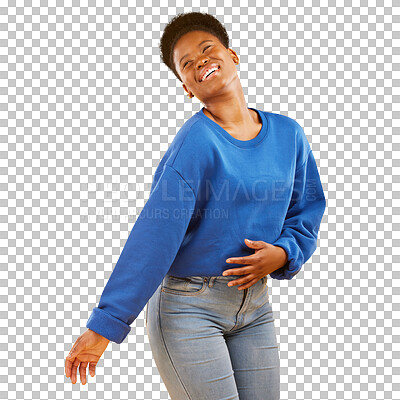 Buy stock photo Black woman, dancing and happy in fashion outfit, laugh and isolated on a transparent background. Casual person, carefree smile and hands with confidence, funny idea and style or thinking of png