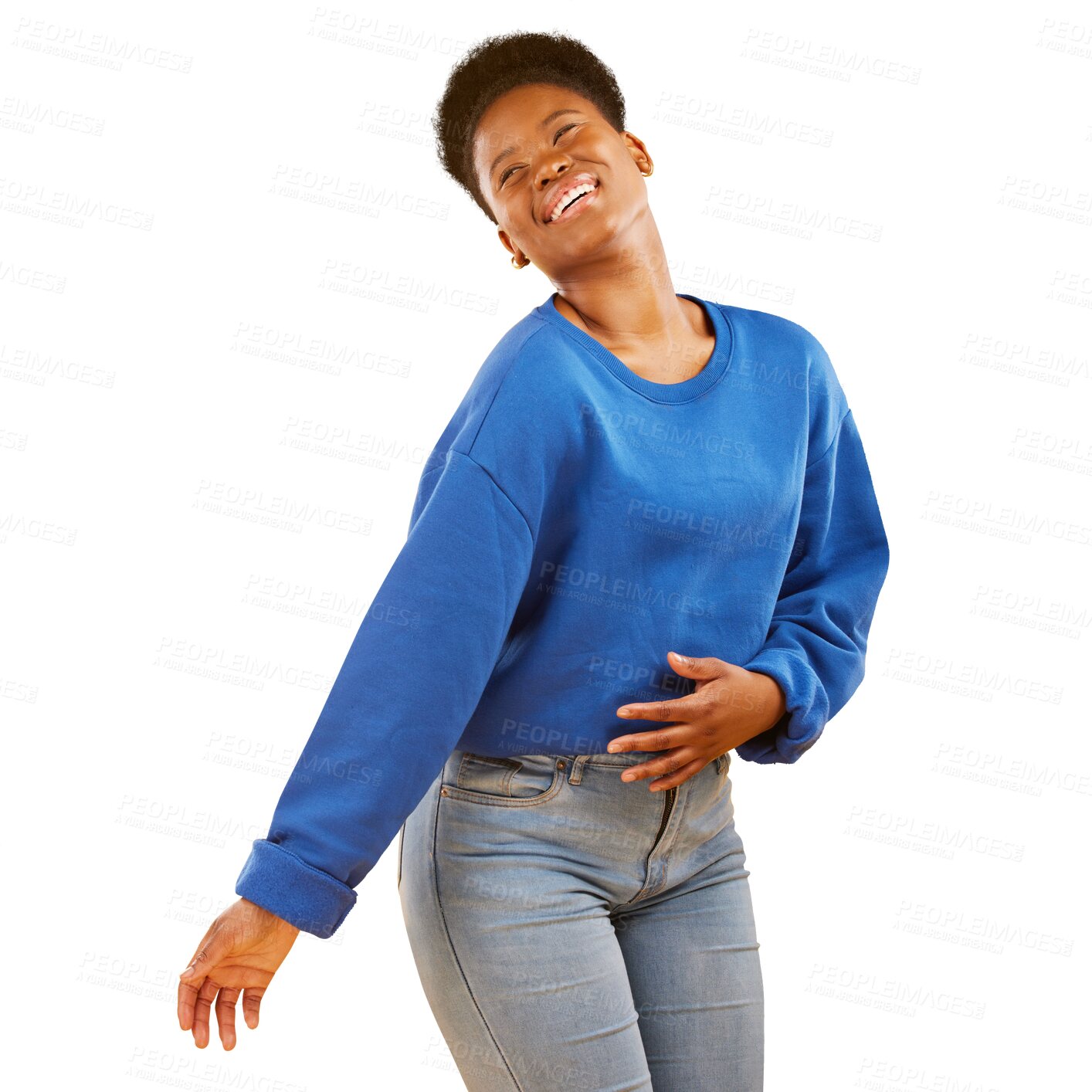 Buy stock photo Black woman, dancing and happy in fashion outfit, laugh and isolated on a transparent background. Casual person, carefree smile and hands with confidence, funny idea and style or thinking of png