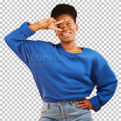 Buy stock photo Hand sign, peace and a black woman with a smile, confidence and a positive mindset. Emoji, thinking and happy African female model with freedom and symbol isolated on a transparent png background