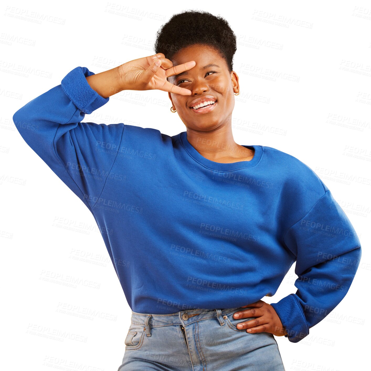 Buy stock photo Hand sign, peace and a black woman with a smile, confidence and a positive mindset. Emoji, thinking and happy African female model with freedom and symbol isolated on a transparent png background