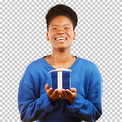 Gift, birthday and portrait of black woman with a surprise happy isolated in a yellow studio background with a present. Winning, box and excited person to celebrate, party and holiday as a winner