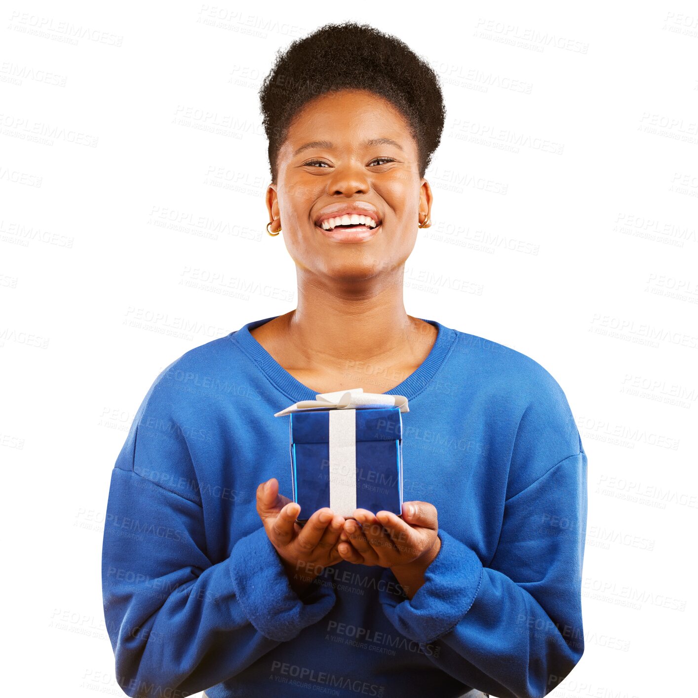 Buy stock photo Isolated African woman, gift box and smile for birthday, gratitude or party by transparent png background. Girl, student and happy for present, package and celebration with prize, giveaway or winning
