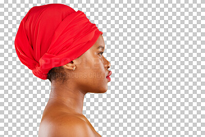 Buy stock photo Beauty, profile and black woman with makeup and hair care, skincare and red aesthetic on isolated, transparent or png background. Head, scarf and model with hair, cosmetics and natural African style