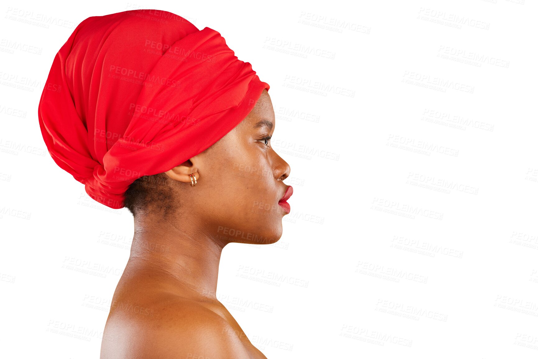 Buy stock photo Beauty, profile and black woman with makeup and hair care, skincare and red aesthetic on isolated, transparent or png background. Head, scarf and model with hair, cosmetics and natural African style