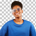 Woman, smile and studio portrait with glasses and happy with eye care and yellow background. Face, African female person and model with eyewear, frame and fashion with style and confidence of girl