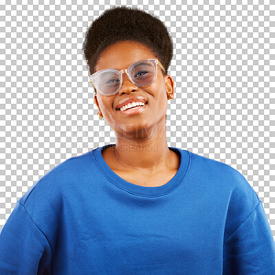 Buy stock photo Black woman, smile and portrait with glasses for vision, eye care and fashion on isolated, transparent or png background. African, face and person with eyewear, frames and reflection on sunglasses