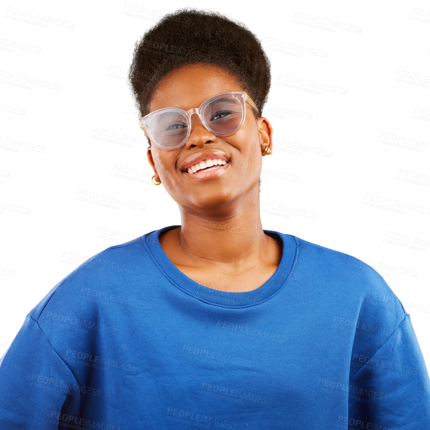 Buy stock photo Black woman, smile and portrait with glasses for vision, eye care and fashion on isolated, transparent or png background. African, face and person with eyewear, frames and reflection on sunglasses