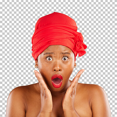 Portrait, surprise and black woman with makeup, cosmetics or head wrap against a brown studio background. Face, female person or model shocked, creative and dermatology with news, self care and shine