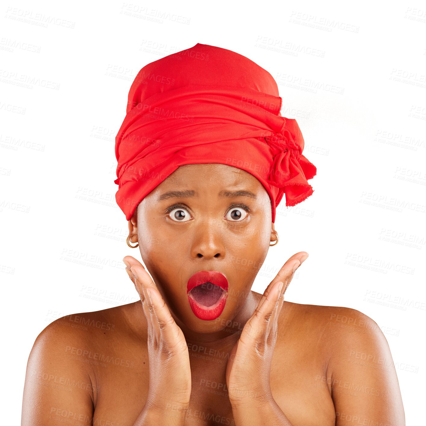 Buy stock photo Wow, beauty and portrait of black woman surprised by makeup sale on isolated, transparent or png background. Emoji, face and African lady model with head wrap, omg or cosmetic, discount and results
