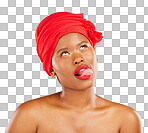 Crazy, thinking and a black woman with makeup on a studio background for beauty and comedy. Idea, comic and an African girl or model with a headscarf, cosmetics and funny on a backdrop for a meme