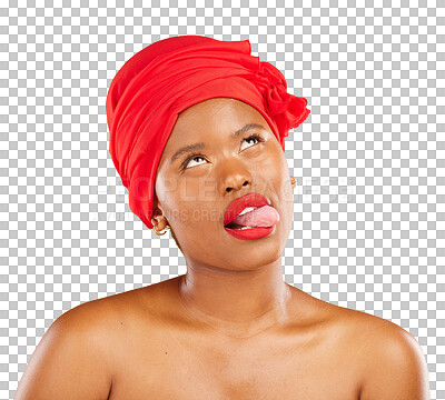 Buy stock photo Black woman, tongue and fashion in beauty, makeup or cosmetics isolated on a transparent PNG background. Face of African female person or model with headscarf idea, funny humor or playful expression