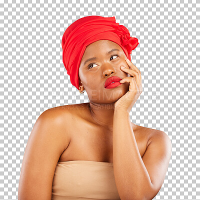 Beauty, makeup and thinking with face of black woman in studio for cosmetics, creative and pride. Skincare, salon and natural with female model on brown background for wellness, self care and glow