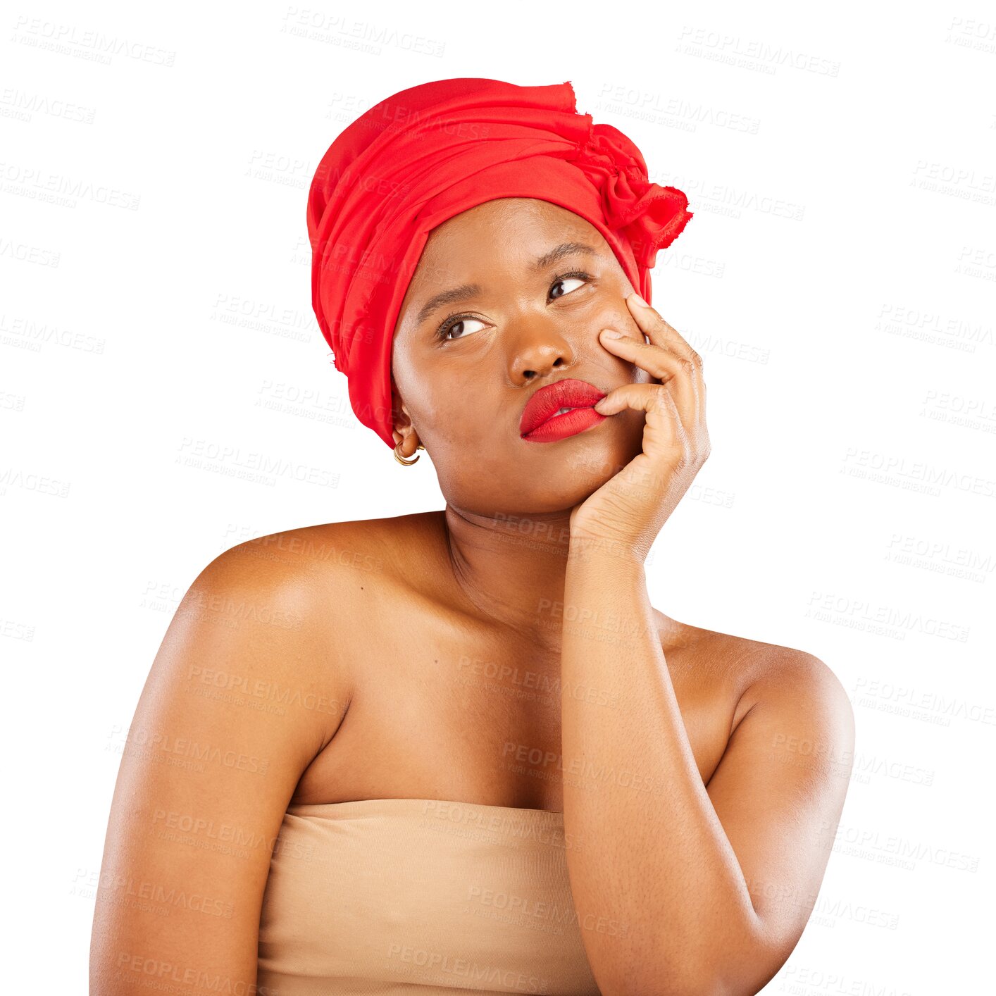 Buy stock photo Thinking, red makeup and face of black woman with facial cosmetics, lipstick and planning skincare shine, salon or spa wellness. Ideas, cosmetology and African person on transparent, png background