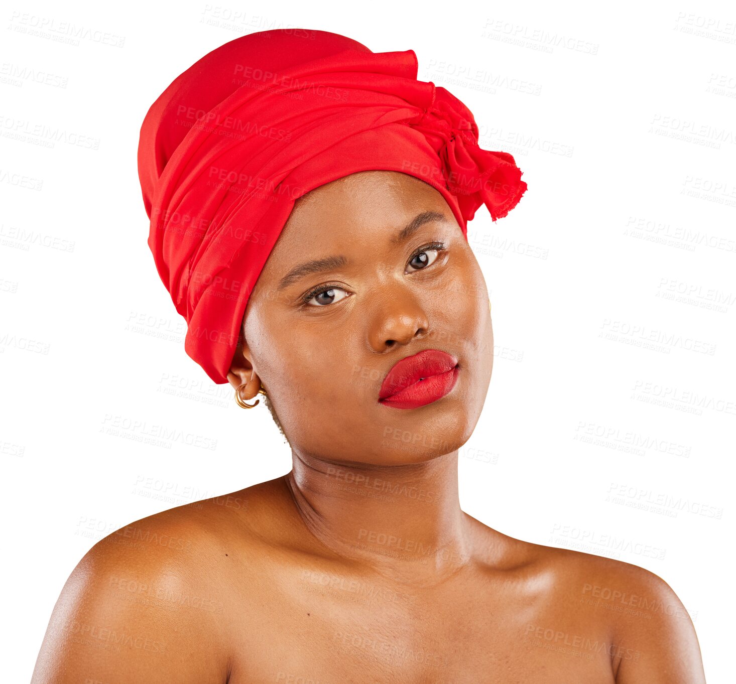 Buy stock photo Black woman, portrait and turban with red lipstick for makeup, beauty and isolated on transparent png background. Serious African person in head wrap, face or cosmetic for skincare, health or fashion