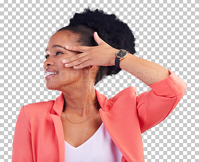 Fashion, smile and a model black woman on a blue background in studio posing in a suit for style. Face, clothes and a happy young female person standing in a trendy outfit for a magazine cover