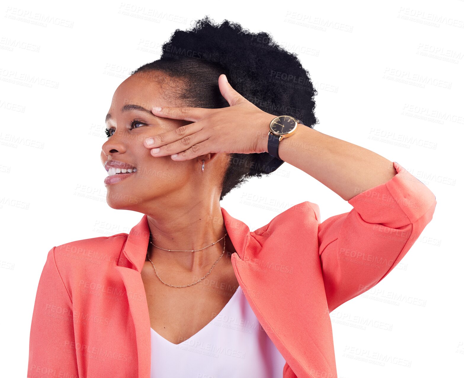Buy stock photo Hand. face and smile with a fashion black woman isolated on a transparent background for trendy style. Hair, skin and a happy young model on PNG with a confident attitude in a suit for business