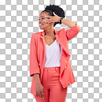 Fashion, smile and confident with a black woman on blue background in studio posing in a suit for style. Face, clothes and a happy young female model standing in a trendy outfit for a magazine cover