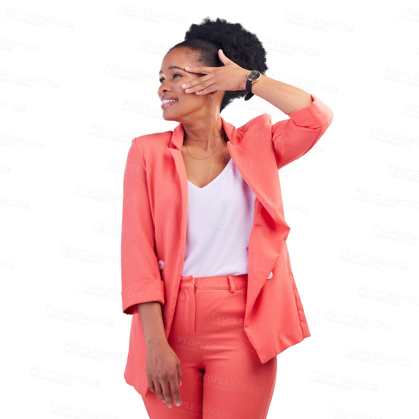Buy stock photo Hand, beauty and smile with a fashion black woman isolated on a transparent background for trendy style. Hair, fashion and a happy young model on PNG with a confident attitude in a suit for business
