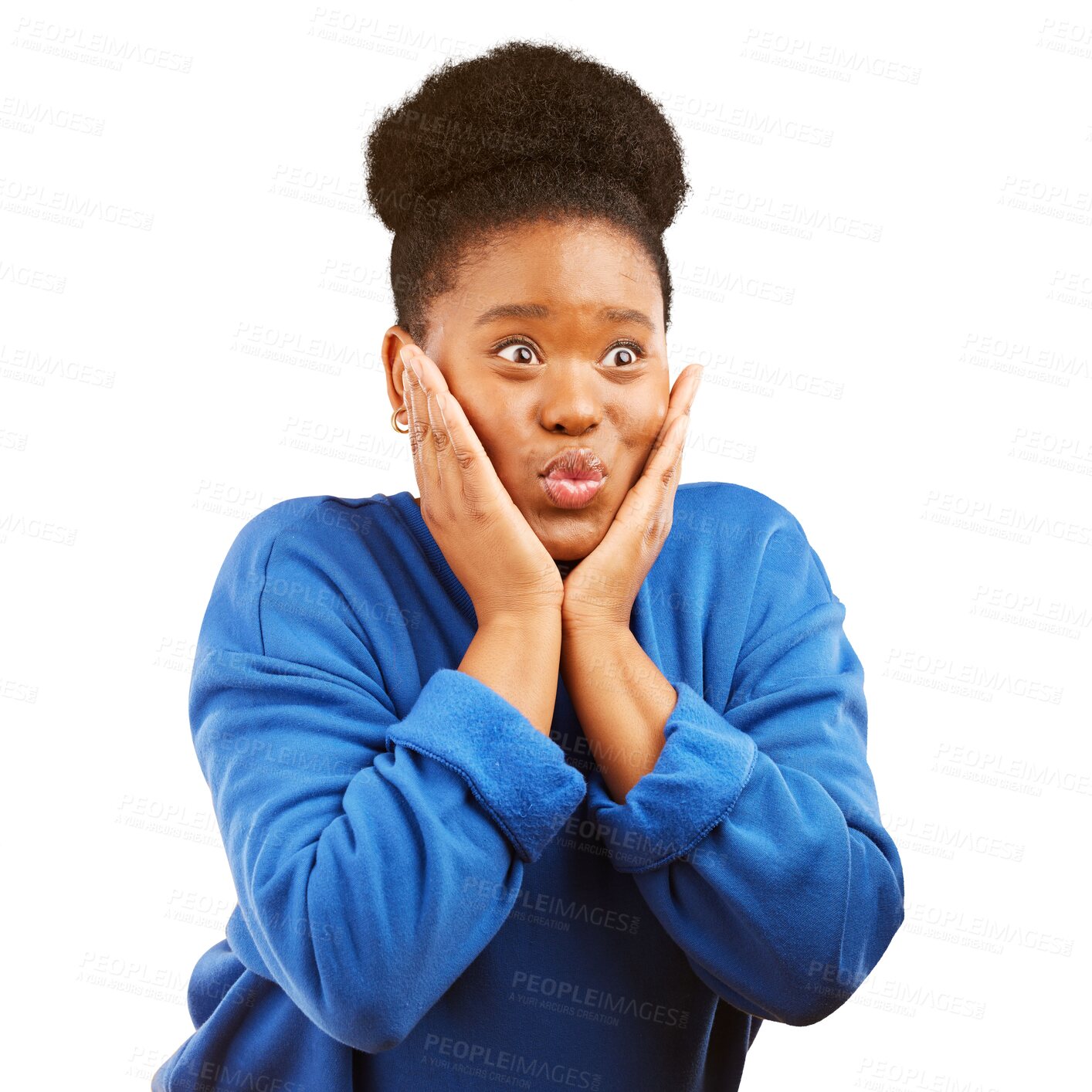 Buy stock photo Gossip, news and hands on face of black woman with wow news on isolated, transparent or png background. Secret, deal and excited female model with emoji for prize, giveaway or announcement promo