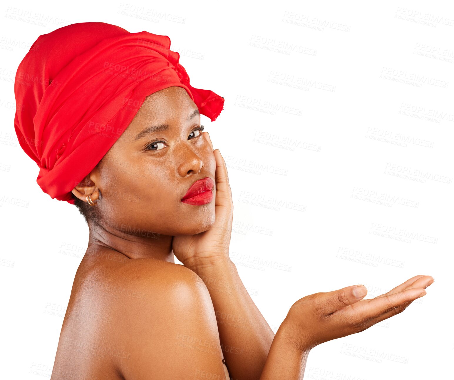 Buy stock photo Portrait black woman, red makeup and palm gesture for spa cosmetics, lipstick or skincare brand commercial. Product placement, cosmetology promo and African person face on transparent, png background