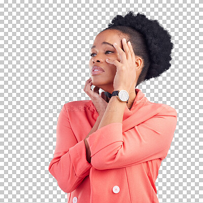 Mockup, thinking and black woman with serious face, ideas and confused on a blue studio background. Female person, doubt and model with a decision, solution and problem solving with choice and option