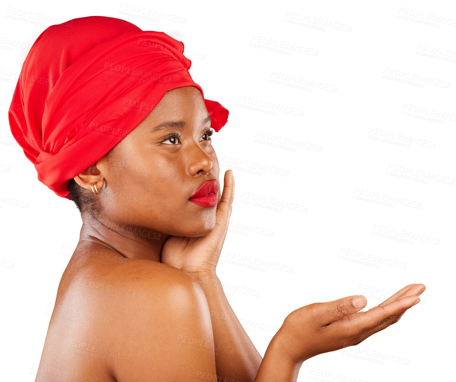 Buy stock photo Thinking black woman, face makeup and palm gesture for cosmetics glow, red lipstick or beauty brand commercial. Advertising logo, dermatology wellness or African person on transparent, png background