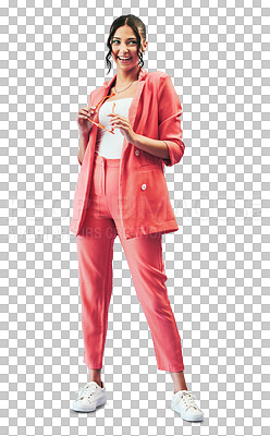 Woman, fashion suit and sunglasses with smile for designer or influencer isolated on transparent png background. Female, beauty or aesthetic for content creator or creative, social media in full body