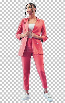 Isolated woman, fashion and thinking in suit for ideas, choice or vision by transparent png background. Girl, trendy clothes and sneakers with memory, brainstorming or remember for problem solving