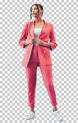 Buy stock photo Isolated woman, fashion and thinking in suit for ideas, choice or vision by transparent png background. Girl, trendy clothes and sneakers with memory, brainstorming or remember for problem solving